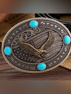 Vintage Bronze Eagle Western Belt Buckle with Turquoise Accents
